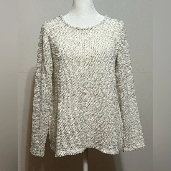 Chico's white gold long sleeve open knit sweater Sz 1 Medium - Picture 3 of 16
